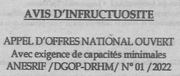Avis d'infructuosit&eacute;