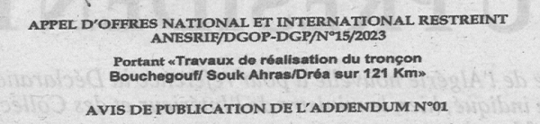 Avis de Publication de l'Addendum N&deg;01